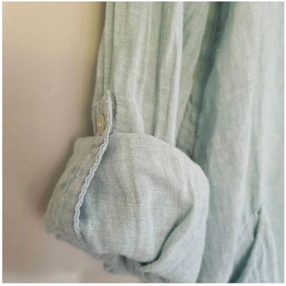 Sigrid Olsen Linen Button Down Shirt V-Neck Roll Up Button Sleeves Green, Size M - Picture 6 of 6